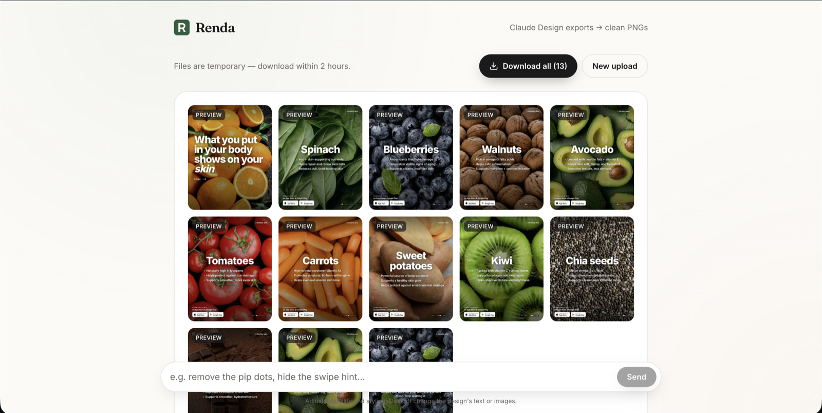 Renda result page showing 13 PNGs rendered from a single Claude Design carousel export — slides covering Spinach, Blueberries, Walnuts, Avocado, Tomatoes, Carrots, Sweet potatoes, Kiwi, Chia seeds and more, each rendered cleanly at Instagram dimensions.